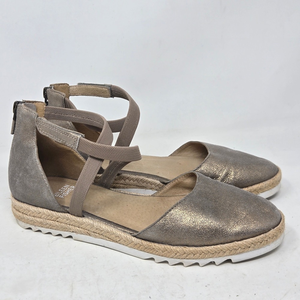 Eileen Fisher Metallic Suede‎ Espadrille Sandals Gold Taupe Ankle Strap Size 7.5
